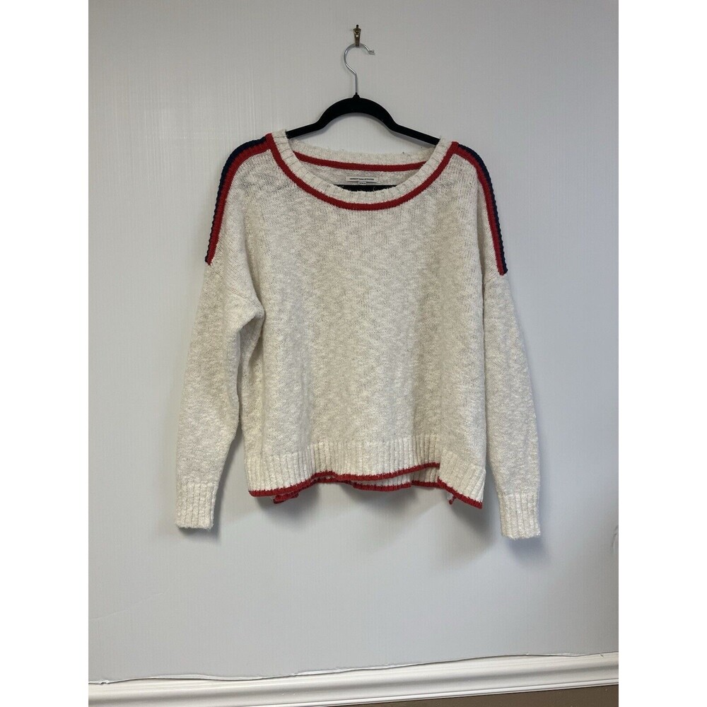 American Eagle Size M White Blue Red Stripe Classic Pullover Oversized Cropped